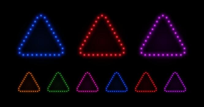 Neon frame triangle light with bulbs. Retro lamps border. Set of led geometric shapes for games. vector