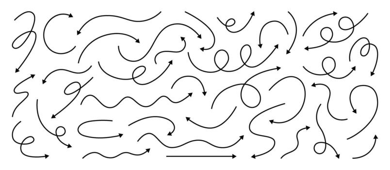 Black arrow icons with curved lines and dynamic loops. Set for infographics, navigation design, and web direction pointers with elegant swirls. vector