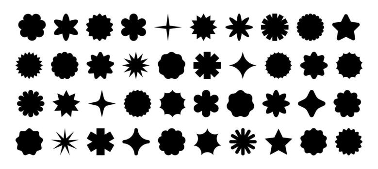 Star shape stickers. Starburst round badge. Circle sign for discount and offer design. Y2k elements with scallop and zig zag. vector