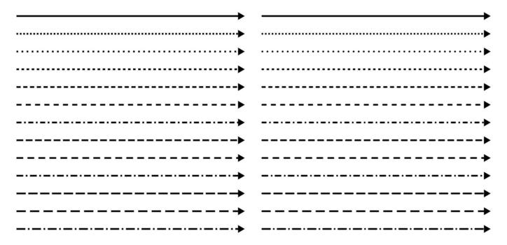 Long arrow line. Straight thin icon up or down. Horizontal dotted elements. Dash path to indicate direction. vector