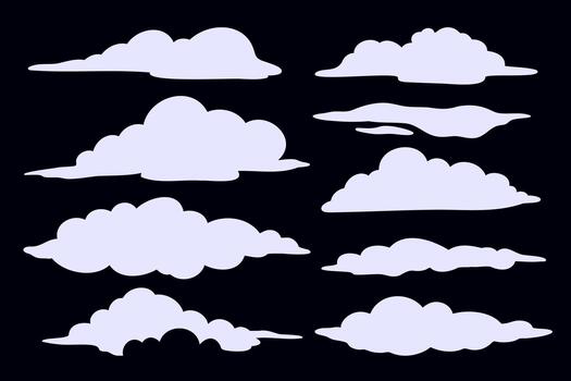 Set of soft cloud shapes in different forms on dark background. Smooth and rounded cartoon style clouds. vector