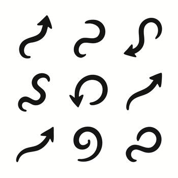 Set of Hand Drawn Wavy and Curly Black Arrows Doodle Style Direction Pointers for Navigation UI Design Elements and Web Graphics vector