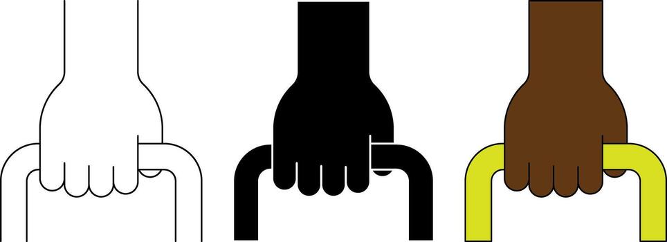 icon set of a hand gripping a carrying handle in outline, silhouette, and color styles vector