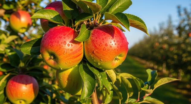 Close up shot of ripe red apples on a tree branch in an orchard ready for harvest in the autumn sunshine professional stock photography content photo