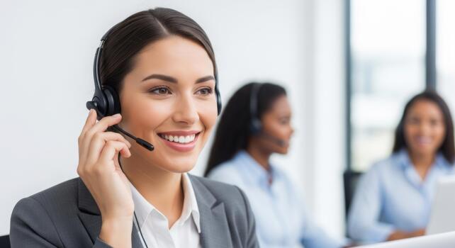 A smiling female customer service representative wearing a headset helps clients with a positive attitude in a bright office environment professional stock photography content photo