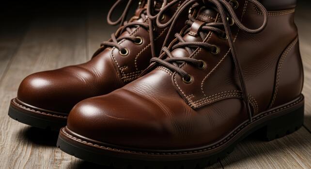 A pair of stylish brown leather boots are displayed on a wooden surface showcasing their craftsmanship and design professional stock photography content photo