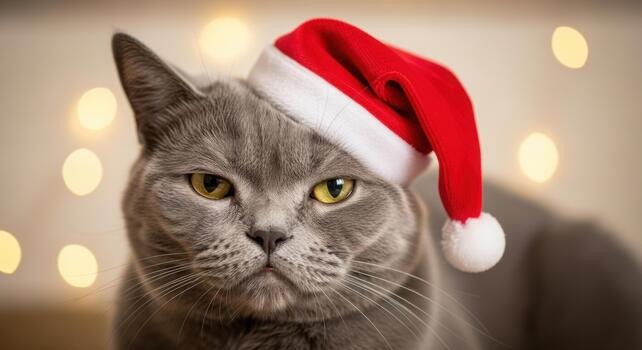 A charming grey cat is wearing a festive red and white Santa hat looking directly at the camera with a soft bokeh background professional stock photography content photo