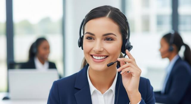 A smiling female customer service representative is ready to assist clients in a modern office environment professional stock photography content photo