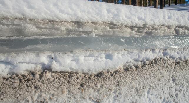 A close up shows layers of melting snow ice and dirt in a winter landscape creating an abstract natural pattern professional stock photography content photo