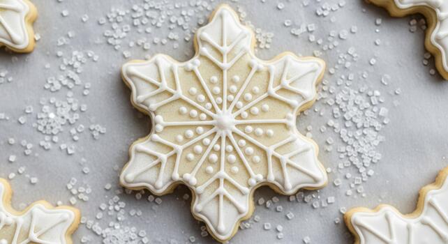 A beautifully decorated snowflake cookie rests on a light background surrounded by sparkling sugar crystals professional stock photography content photo
