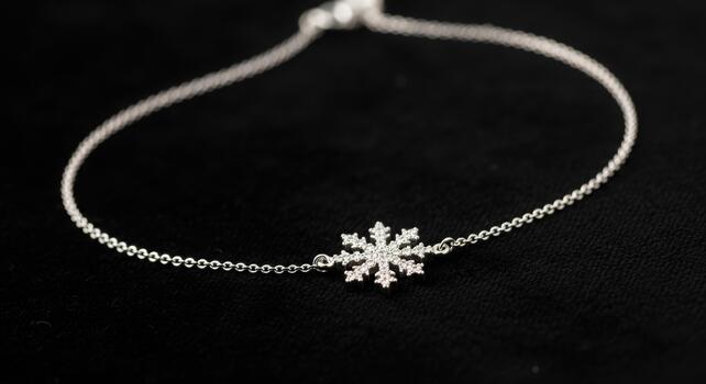 A delicate silver chain bracelet with a sparkling snowflake charm is displayed against a dark background showcasing its elegance professional stock photography content photo