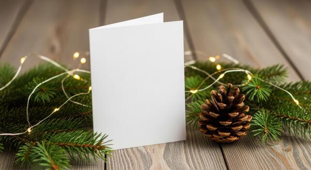 A blank greeting card sits on a rustic wooden surface surrounded by festive Christmas decorations creating a warm and inviting scene professional stock photography content photo