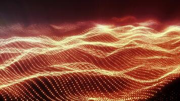 Glowing golden particles flow across a vivid red background, forming a dynamic abstract energy wave pattern video