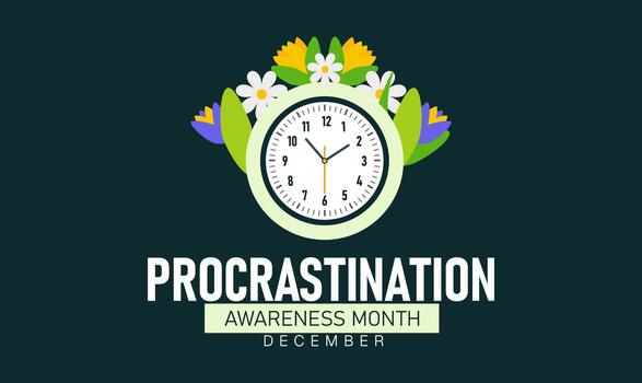 Procrastination Awareness Month Poster Banner and Background Abstract Design Template Featuring Clock Calendar and Lazy Character Illustration for Time Management Productivity Motivation vector