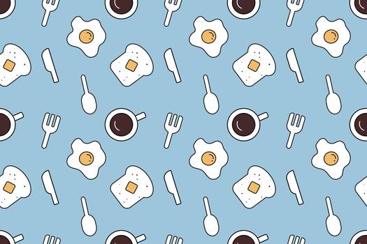 Kawaii breakfast food with toast coffee eggs and utensils seamless repeat pattern background vector