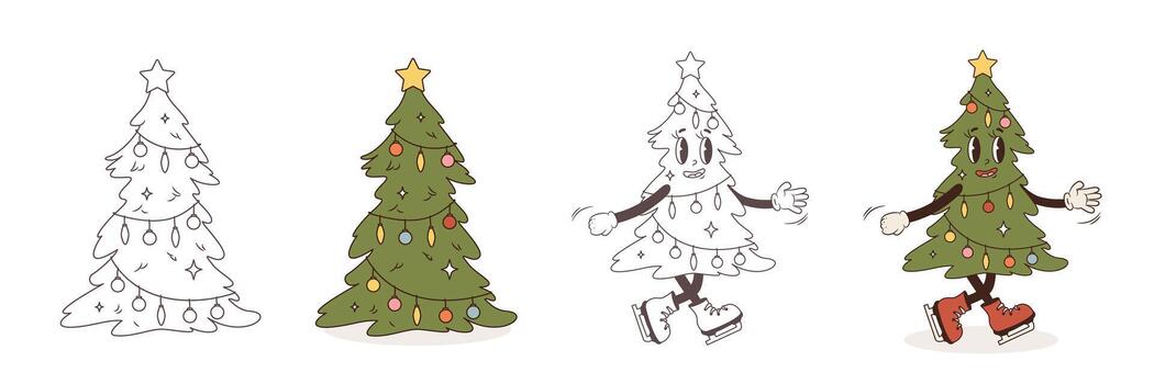 Isolated Christmas tree with colourful lights and star. Outline and colored illustrations, groovy style xmas ice-skating character. Set on white background for Christmas design vector
