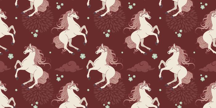 Pattern of unicorns on a maroon background vector