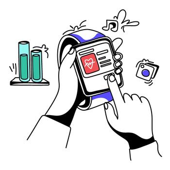 Hand Touching Smartwatch Display Showing Heart Rate Monitoring Data vector