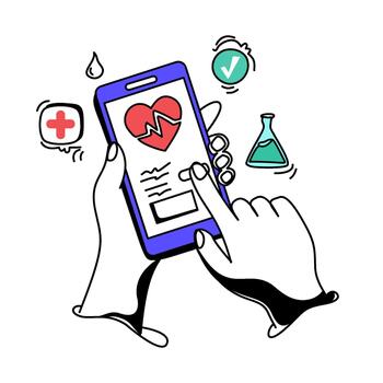 Digital Healthcare Hands interacting with a smartphone displaying medical icons vector