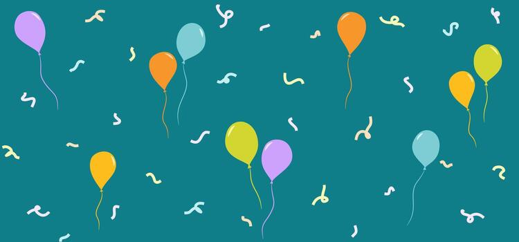 Seamless floating colorful balloons scattered across a teal background with festive confetti curls. vector