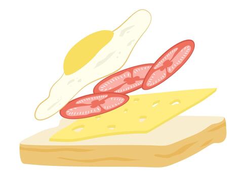 A simple breakfast illustration showing bread topped with cheese, tomato slices, and a fried egg in a minimal, clean style. vector