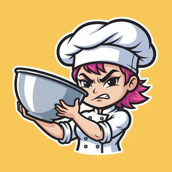 Angry Female Chef Mascot Holding Bowl vector