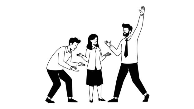 Three business people gesturing with open hands in discussion or presentation vector