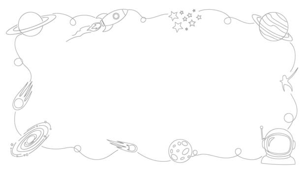 Hand drawn outline frame border with space elements like planet, rocket, astronaut, star, and comet vector