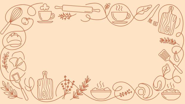 Delicate continuous line art frame border featuring baking and coffee elements for food menu or recipe card design vector