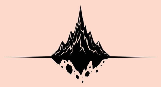 Minimalist black silhouette of a sharp, jagged mountain peak reflected in a horizontal line against a pale peach background, graphic style vector