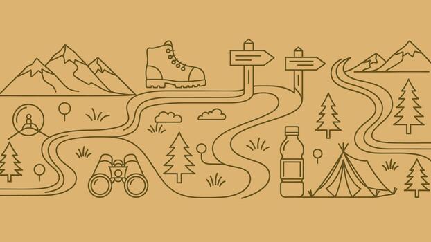 Outline illustration of hiking and camping elements like boot, mountain, tent, signpost, binocular, and path on brown background for adventure travel vector