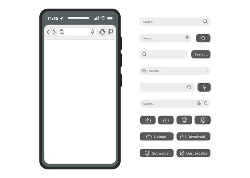 Blank internet browser window on the handphone screen with various search bar templates. Stock Illustration. vector