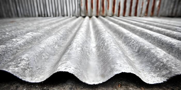 Weathered gray corrugated metal sheet surface with a textured pattern and rusty details in the blurred background photo