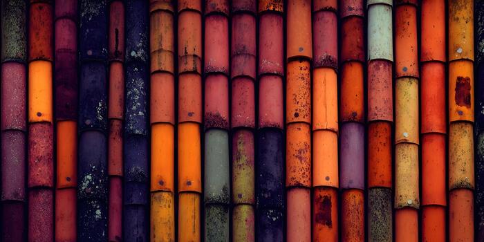 un rústico texturizado antecedentes muestra un vibrante formación de Envejecido terracota techo losas en varios terroso colores y meteorización patrones foto