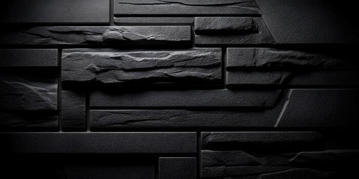 A dark textured wall features a modern design with rough stone like and smooth rectangular blocks photo
