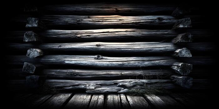 An old dark rustic log cabin wall and wooden floor are dramatically lit creating a moody textured background photo