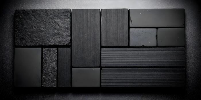 An abstract composition features various dark gray and black textured material samples arranged in a geometric pattern photo