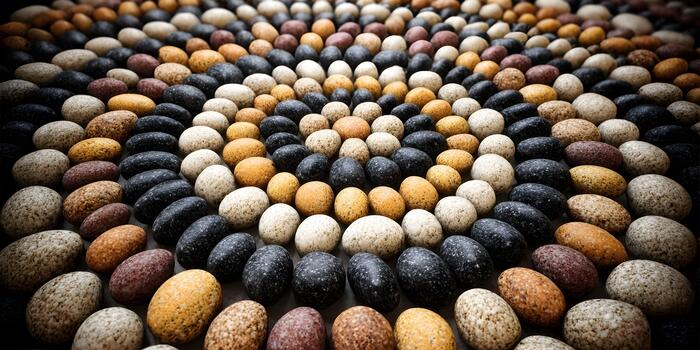 Many small oval stones with various natural colors fill the frame creating an abstract pattern photo
