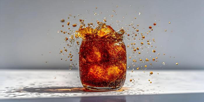 Dramatic splash of a refreshing brown soda with ice cubes and countless droplets scattering in a dynamic action shot photo