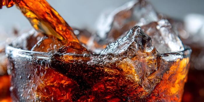 A refreshing cola drink is poured into a glass filled with sparkling ice cubes creating dynamic splashes and effervescence photo