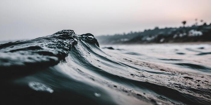 A close up view captures a small ocean wave cresting with a blurry coastline in the background during an overcast day photo