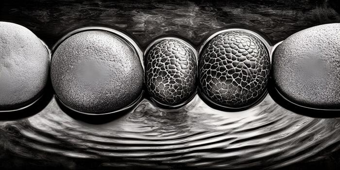 Five distinct stones with varied textures and patterns rest in calm water in monochrome photo