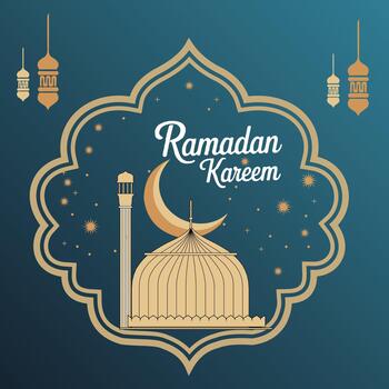 Ramadan Kareem greeting with illuminated mosque and crescent moon vector