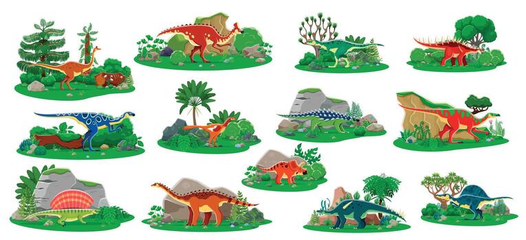 Colorful dinosaurs in prehistoric landscapes vector