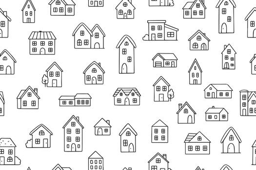 sin costura ilustración presentando dibujado a mano casas en un repitiendo modelo. varios casa diseños crear un único, caprichoso sentir, Perfecto para antecedentes y hogar decoración proyectos vector