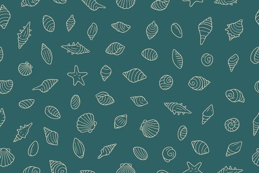 Seamless pattern featuring a variety of hand-drawn seashells and starfish, arranged on a teal background. vector