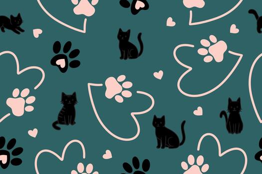 Cat and paw pattern illustration featuring playful silhouettes and heart shapes. This seamless design is perfect for pet-themed backgrounds, textiles, and creative projects. vector