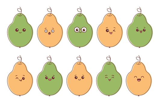 Charming illustration of pear characters displaying a range of expressions from happy to surprised. Each fruit features a unique emotive face, adding personality and fun. vector