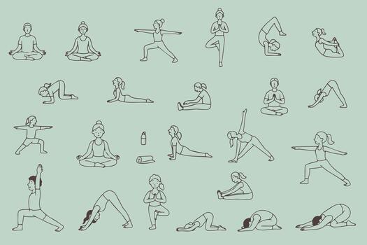 illustration showcasing a variety of yoga poses with individuals in various positions, emphasizing relaxation, flexibility, and mindfulness exercises for well-being enhancement vector