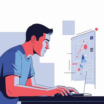 Man working on laptop with digital analytics display vector